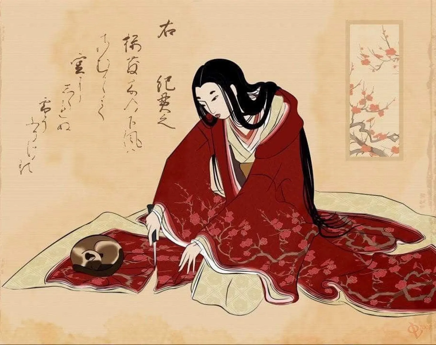 A woman cuts the hem of a kimono so as not to wake up the cat by Galina Zhiganova (2007)